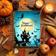 1pc 14*21cm Spiral Notebook, Happy Halloween Silhouette Design For School, Home, Office, Note Taking, Journaling, Daily Planner, Witch Haunted Castle Bat Spider Web Ghost Pumpkin Full Moon Pattern - Multicolor - View 5