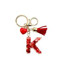 Pomegranate Style 26 Letter Keychain, Red Resin Key Chain With Heart Decoration, Tassel Crystal Bag Charm Pendant - Multicolor - View 26