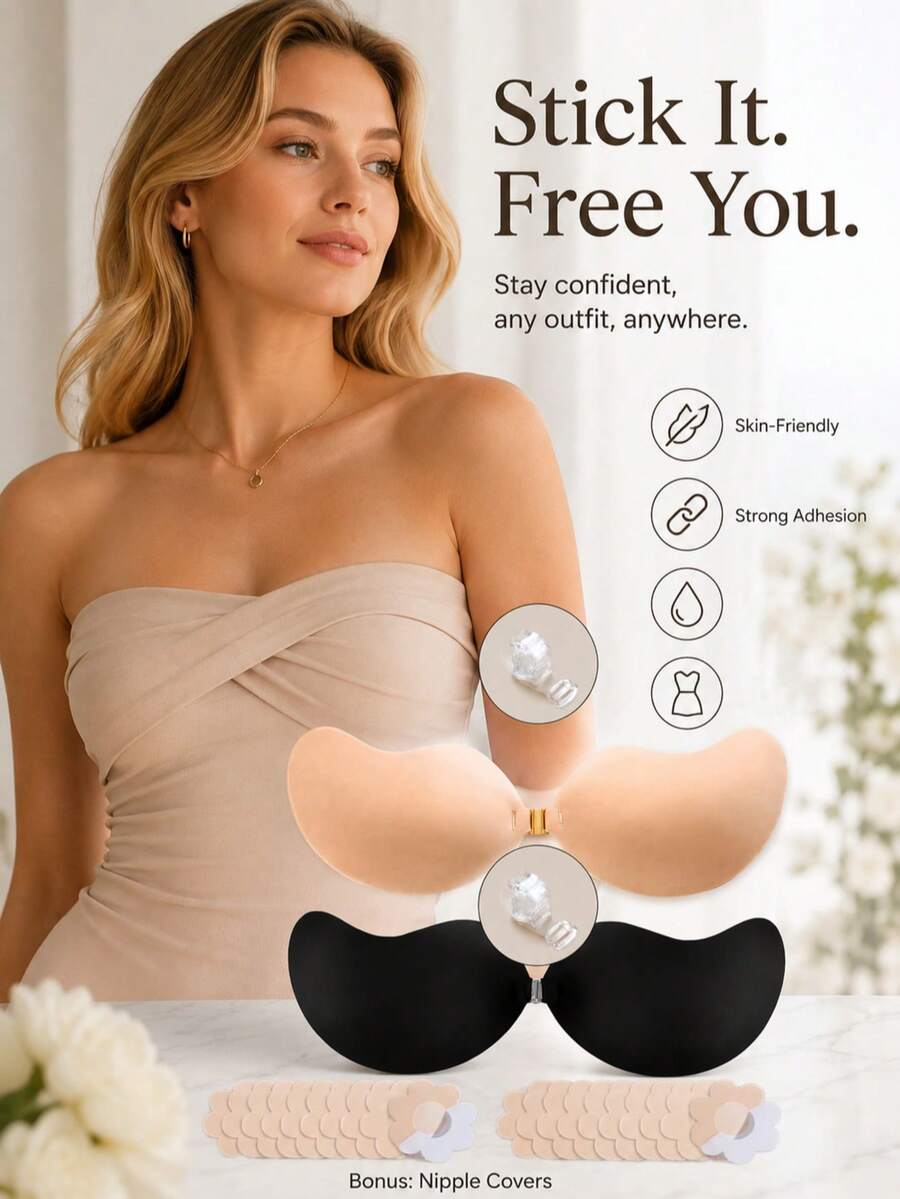 1/2pcs (Includes 20 Nipple Covers) Mango-Shaped Front-Closure Breast Pads With Transparent Shoulder Straps, Invisible Bra, Soft And Comfortable, Suitable For Backless Dresses, Wedding Gowns, Date And Party Outfits - Multicolor - View 1