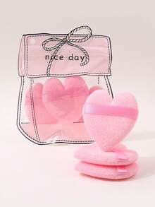 3Pcs Heart Shape Makeup Puff Set, Soft Velvet Face Powder Puff With Strap, Gentle Cosmetic Sponge For Loose Powder Foundation Blush - Pink - View 3