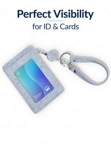 Business Casual Blue Denim Texture Transparent Window ID Badge Holder With Wrist Strap, Portable PU Leather Card Holder, Women's Style - Multicolor - View 10