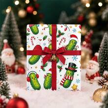 1set Funny Pickle-Themed Christmas Wrapping Paper Suitable For Xmas Gifts(Includes Stickers), Birthday Party Decorations With Santa Hats & Candy Cane Patterns - Single-Sided Print Multicolor Gift Wrap For DIY Crafts, Birthdays, Holiday Presents - Bitter Melon - View 4