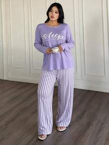 Setelan Pakaian Santai Wanita Atasan Lengan Panjang dan Celana Bergaris, 2 Potong, Setelan Piyama Ukuran Besar untuk Musim Gugur/Dingin - Purple - View 5