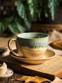 DearDali 1pc Glazed Ceramic Coffee Cup And 1pc Saucer Set, Vintage Colorblock Cup And Saucer, Wabi-Sabi Gradient Cup, Suitable For Latte, Cappuccino, Hot Chocolate, Tea, Coffee Lovers, Gathering, Afternoon Tea, Can Be Used As Gift Or Back To School - Multicolor - View 4