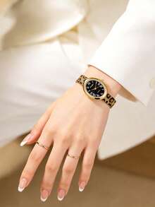 1pc Women's Oval Vintage Fashion Quartz Watch, Gold Alloy Case, Black ...