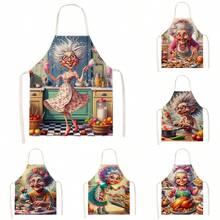 1pc Funny Cartoon Crazy Grandma Kitchen Apron - Sleeveless Design, Durable And Comfortable Fit, With Cartoon Humorous Baking And Cooking Old Lady Pattern, Suitable For Cooking, Baking And Home Cleaning, Household Cleaning, Housework Apron, Hand-Painted Handmade Gardening Apron, Interesting Holiday Gift - Multicolor - View 1