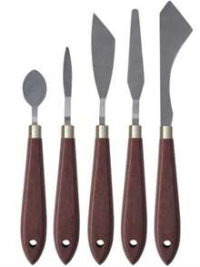 Set Pisau Palet 5 Buah, Kit Spatula Lukis Gagang Kayu dan Baja Tahan Karat, Alat Pengikis Seni Multi-Bentuk untuk Lukisan Minyak dan Pencampuran Cat Akrilik - Set - View 11