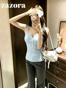 韓式性感U領鈕扣針織背心女上衣，休閒四季款 - 乳藍 - 查看 1