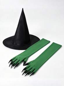 Halloween Witch Costume Set - Black Wizard Hat, Green Sharp Claws, Long Gloves. For Cosplay At Party, Stage Performance, Funny Accessories And Props. - Multicolor - View 4