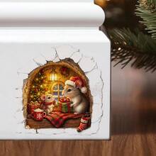 1pc 2D Christmas Window Sticker Squirrel Pine Branch Gift Pine Cone Red Gold Decorative Ball Warm Cute Window Glass Self-Adhesive Decorative Sticker - Multicolor - View 4