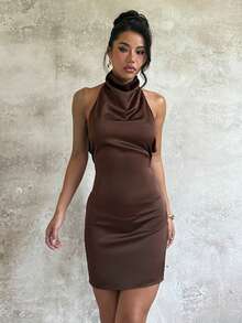Women's Summer Brown Satin Backless Halter High Neck Sexy Fashion Party Dress, Suitable For Dating, Party, Vacation - Brown - View 4