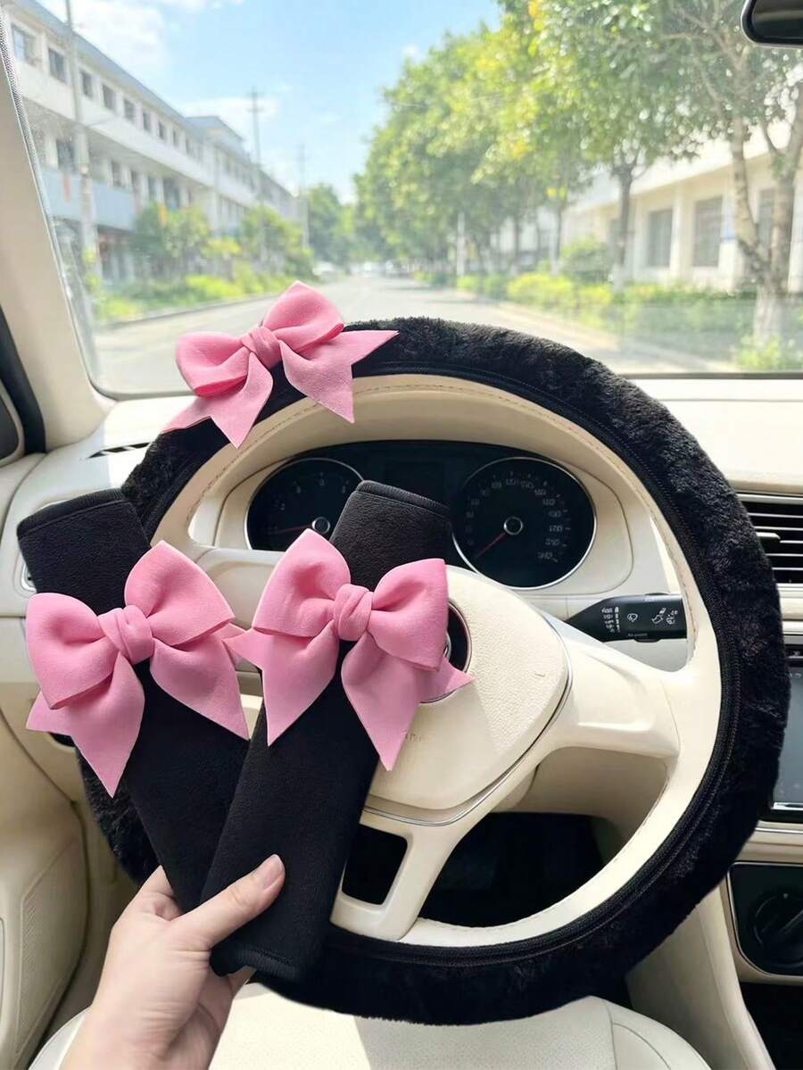 2 Buah Pelindung Bahu Setir Mobil Motif Pita Warna Polos, Set Dekorasi Pita Lembut yang Indah, Aksesoris Interior Mobil - Penutup roda kemudi - View 1