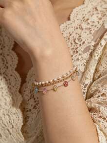 rundraw Multi-Layer Copper Bracelet, Decorated With Artificial Pearls And Colorful Gemstones, A Fashionable And Versatile Multi-Functional Accessory. - Multicolor - View 6