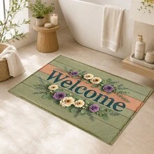 1pc Green Wooden Board Welcome Floral Pattern Printed Faux Cashmere Kitchen Mat, Absorbent Kitchen Rug, Kitchen Carpet, Long Runner Mat, Sink Front Mat, Suitable For Kitchen, Bathroom, Entryway, Hallway, Laundry Room And Home Decor - Multicolor - View 8