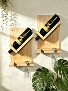 Rustic Wooden Wine Rack & Glass Holder: Wall-Mounted Home Decor, Floating Wooden Wine Bottle Rack, Wine Glass Holder, Suitable For Home, Kitchen, Dining Room And Bar Decoration - Multicolor - View 7