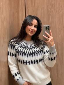 Nordic Relaxed Style Fair Isle Vintage Jacquard Knit Sweater Women's Loose Long Sleeve Pullover Crew Neck Dropped Shoulder Radial Jacquard Texture Soft Skin-Friendly Breathable Daily Wear Early Autumn Outfit Knit Top - White - View 11