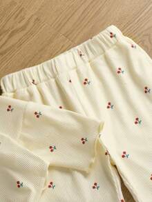 Baby Girl Spring/Autumn Sweet Cherry Print Ribbed 2 Pieces Set, Semi-High Neck Asymmetrical Long Sleeve Top With Frill Trim Flared Pants, Elastic Soft Fabric, Fresh Sweet Style, Versatile For Outdoor, School, Commute, Vacation, Gathering - Apricot - View 5