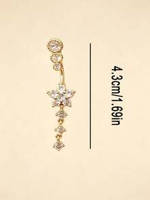 Gold‑Tone Flower Dangle Belly Button Ring, Sparkly Cubic Zirconia Navel Piercing Jewelry, Elegant Drop Belly Ring For Women Body Party Decor - Gold - View 2