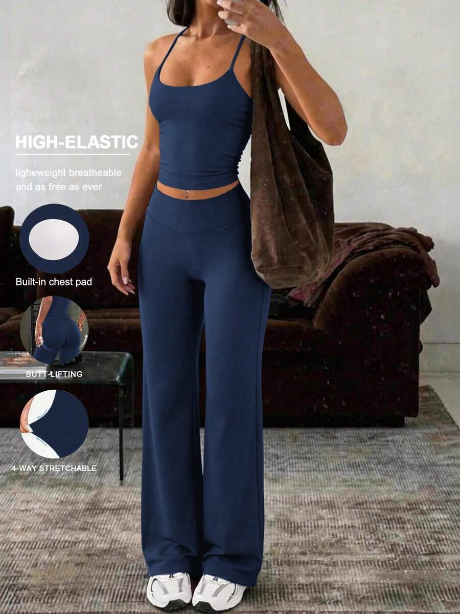 NOIRLYN Women's 2 Pieces Sports Set, Sexy Tank Top With Padding And High-Waist Straight-Leg Pants, Suitable For Yoga And Fitness - Navy Blue - View 1