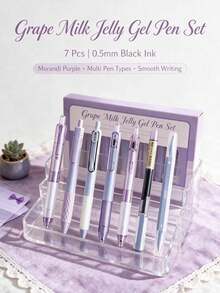 1/7pcs Morandi Purple Retractable Gel Pens, Grape Milk Jelly Ballpoint Pens, Quick-Dry Black Ink Smooth Writing Pens For Students, Gift Box Stationery, Back To School Gift For Friends - Purple Set - View 7