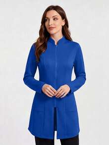 cimmuovere Long Sleeve Lab Coat With Pockets And Zipper, Scrub Uniform For Nurses - Blue - View 2