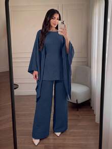 Women's Holiday Casual Elegant Cinched Waist Batwing Sleeve Loose Suit - Navy Blue - View 1