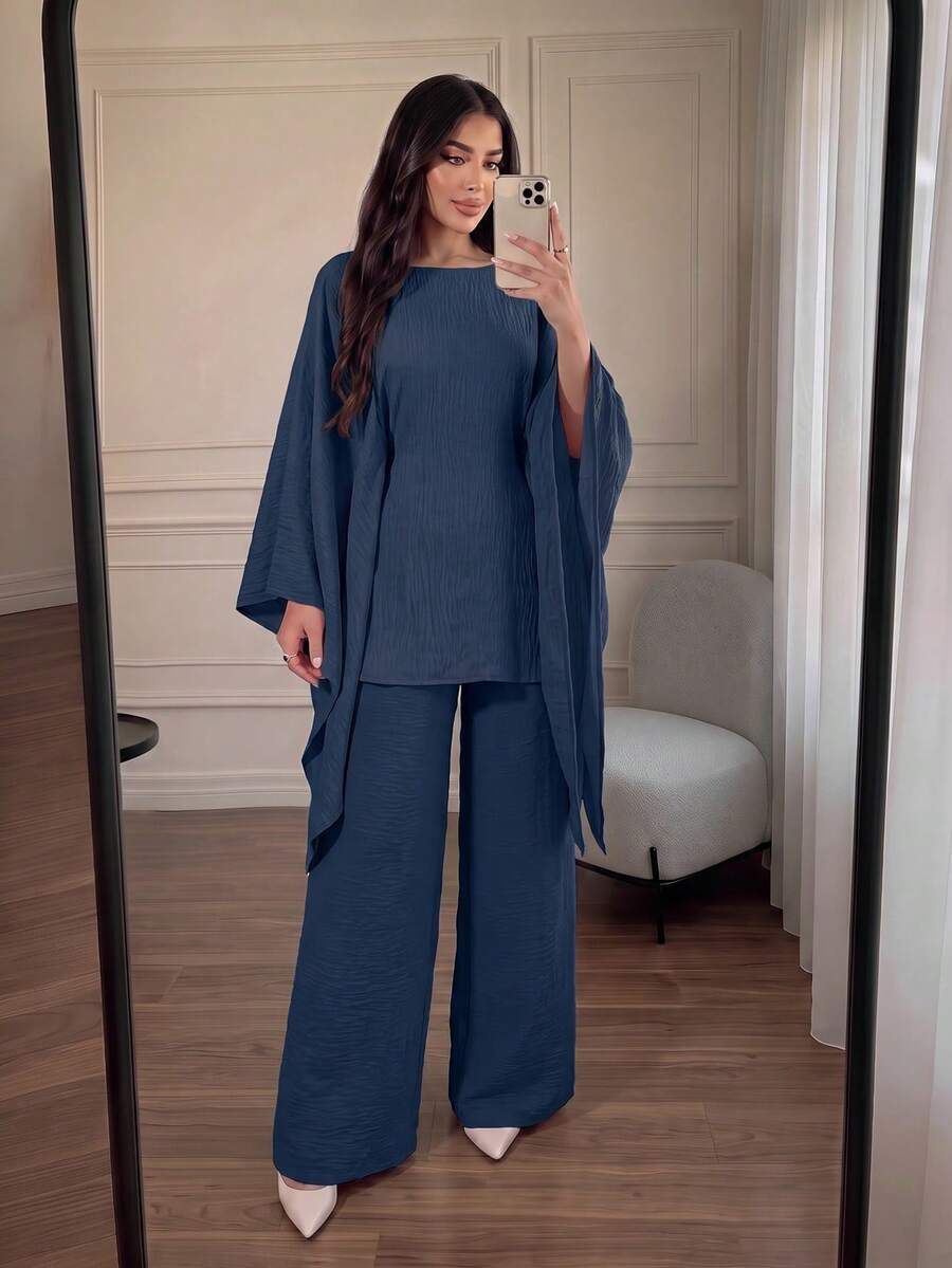 Women's Holiday Casual Elegant Cinched Waist Batwing Sleeve Loose Suit - Navy Blue - View 1