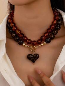 1/2pcs Thick Acrylic Bead Necklace, Large Heart Pendant, Marble Pattern Cream Color Personalized Toggle Clasp Choker, Women's Y2K Layered Jewelry - Multicolor - View 18