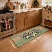 1pc Green Wooden Board Welcome Floral Pattern Printed Faux Cashmere Kitchen Mat, Absorbent Kitchen Rug, Kitchen Carpet, Long Runner Mat, Sink Front Mat, Suitable For Kitchen, Bathroom, Entryway, Hallway, Laundry Room And Home Decor - Multicolor - View 10