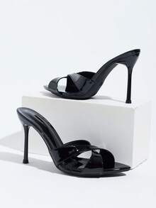 Pointed Toe Stiletto Heel Mule Shoes, Suitable For Women, Glossy PU Cross Strap Open Toe Black High Heel Sandals, Suitable For Dating, Evening Party, Wedding, Commuting Occasions - Black - View 5