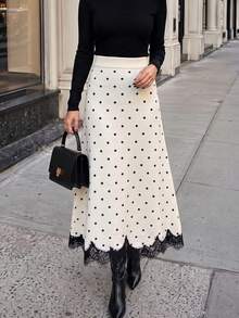 Women's Polka Dot Pattern Contrast Lace Elegant Knitted Midi Skirt - White - View 1