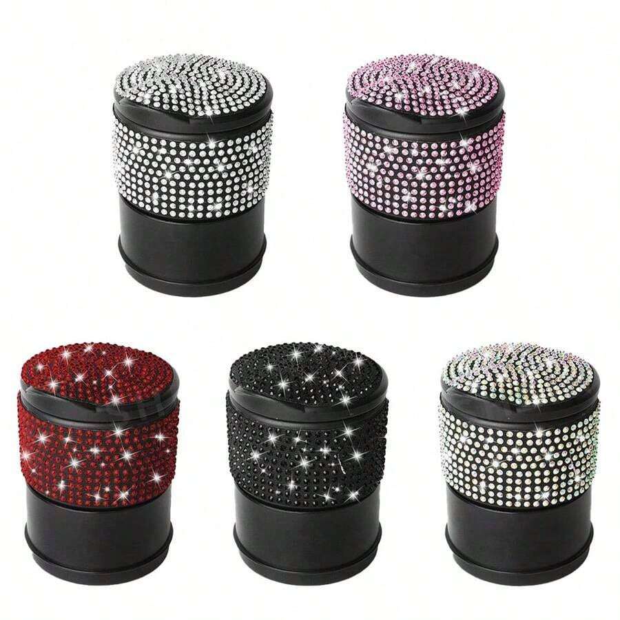 1pc Car Ashtray, Smokeless Design, Sparkling Diamond Crystal Car Ashtray With Lid, Portable, Suitable For Office And Home Use, Fits All Car Models, Fashionable Creative Design, Women's Style, Durable Plastic Car Ashtray - Multicolor - View 1