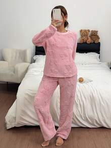 Dreamivo Girl Style Solid Color Plush Loungewear 2-Piece Set, All-Over 3D Bow Embossed Design Round Neck Long Sleeve Pajama Set, Elastic Waist Long Pants Non-Tight, Thickened Coral Fleece Fabric Suitable For Home And Outdoor Wear - Pink - View 4