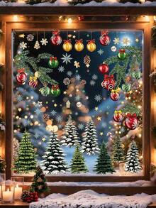 129pcs Of Retro-Style Christmas Window Stickers Featuring A Snowy ...