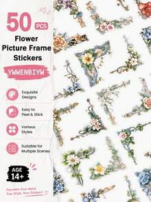 50pcs Flower Picture Frame Stickers For Adults Teens Sticker Enthusiasts Scrapbooking Journaling Laptops Skateboards Water Cups & More, Add A Fun Touch To Your Devices! - Flower Picture Frame - View 1
