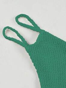 HOTTIE HABIT Women's Emerald‑Green Ruched‑Twist One‑Shoulder Bikini Top, Side‑Drawstring Ruched Mini Skirt 2‑Piece Swim Set For Christmas Halloween Beach Vacation - Green - View 4