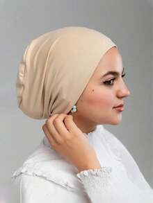 1件純色極簡時尚親膚舒適繫帶式頭巾帽，無帽簷便帽，女款化療帽，底帽，適合日常生活與戶外運動 - 米色 - 查看 4