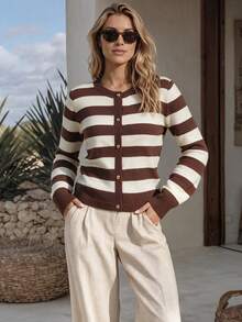 NiceArt Cardigan Wanita Motif Garis Cokelat-Krem Musim Gugur/Dingin, Jaket Sweater Lengan Panjang dengan Kerah Bulat dan Kancing Depan, Cocok untuk Pakaian Sehari-hari dan Kencan - Coklat - View 8