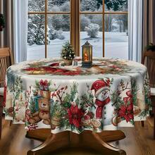 Santa Reindeer Christmas Round Tablecloth, Festive Polyester Table Cover With Snowman, Poinsettia, Evergreen And Holiday Wreath Print For Xmas Dinner, Family Gathering And Winter Party Decor - A - View 5