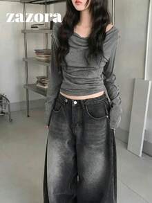 韓式修身露肩百搭長袖T恤上衣 秋季服飾 - 深灰色 - 查看 8