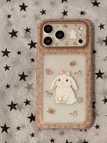 Korean Sweet Cute Pink Floral Rabbit Phone Case Compatible With Apple 17 Pro Max, 15 New 16 Pro Women's 13 Foldable Stand 15 Pro Leather Texture 14 Shockproof Protective Cover - Brown - View 5