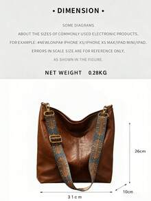 Bolsa hobo feminina transversal e de ombro em couro, alça larga com estampa étnica, de grande capacidade, estilo elegante e retrô para deslocamento diário e viagens - Castanho - Visão 9