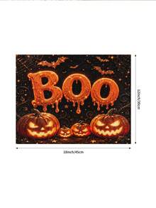 Halloween Table Runner, Throw Pillow, Placemat, Black Background Halloween Glowing Dripping BOO Lettering Bat Spider Web Pumpkin Lantern Long Table Runner, Vintage Holiday Party Decor Fabric Table Mat - Multicolor - View 6