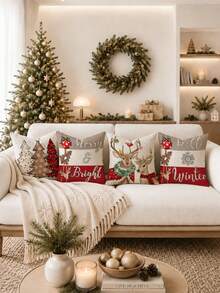 4 pièces, Père Noël, Sapin de Noël, Renne, Bonhomme de neige, Flocon de neige, Noël, Joyeux Noël, Décoration de Noël, Cadeau de Noël, Fermeture éclair cachée, Sans rembourrage, Convient pour la décoration de la maison, Décoration du salon, Taie d'oreiller, Housse de coussin, Housse d'oreiller, Coussin décoratif de canapé, Housse de tapis, Coussin moelleux - Multicolore - Voir 4