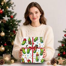 1set Funny Pickle-Themed Christmas Wrapping Paper Suitable For Xmas Gifts(Includes Stickers), Birthday Party Decorations With Santa Hats & Candy Cane Patterns - Single-Sided Print Multicolor Gift Wrap For DIY Crafts, Birthdays, Holiday Presents - Bitter Melon - View 5