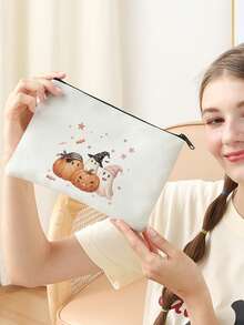 1pc, Makeup Bag, Multi-Scenario Universal, Extra Large Capacity, Ultra-Lightweight & Portable, Versatile & Practical, Halloween Pattern Printed Toiletry Bag, Cosmetic Bag, Large Capacity Toiletry Bag, For Lipstick, Brushes, Skincare, Phone, Coins, Small Items, For Home, Gift, Vacation And Holiday Multi-Functional Use, Teenager Toiletry Storage Bag - Multicolor - View 5