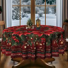 Christmas Poinsettia Round Tablecloth, Red Floral Holiday Polyester Table Cover With Holly Berry Wreath Print For Xmas Dinner, Family Gathering, Winter Party And Festive Home Decor - A - View 8