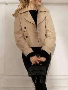 1pc Solid Color Woven Fabric Button Trench Coat Jacket, Casual, Date, Vacation, Autumn - Apricot - View 5
