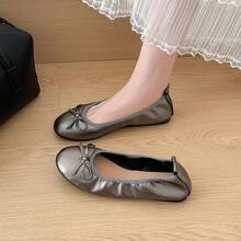 French Style Soft Round Toe Low Vamp Ballet Shoes For Women With Bow Knot Soft Sole, Suitable For Dating And Daily Wear - Grey - View 3