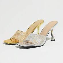 Jin Bei Qi Women's Silver Floral Lace Embroidered Mule High Heel Sandals, Square Toe Open Toe Kitten Heel Wedding Party Outdoor Wear High Heel Slippers, Glamorous Party High Heels, Bridal Bridesmaid Shoes 9cm - Silver - View 9